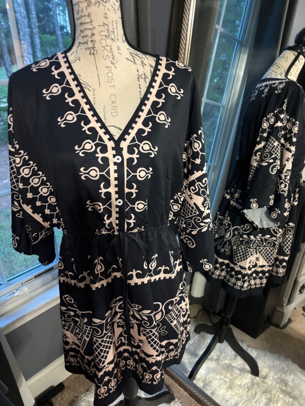 Black and Light Cream Patterned V-Neck Tunic Dress